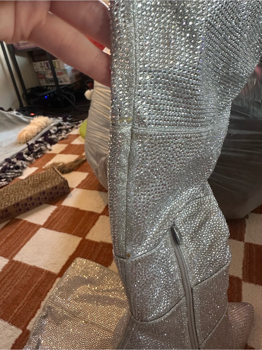 My Crush Silver Rhinestone Pointed-Toe Knee-High Boots - Picture 7 of 7